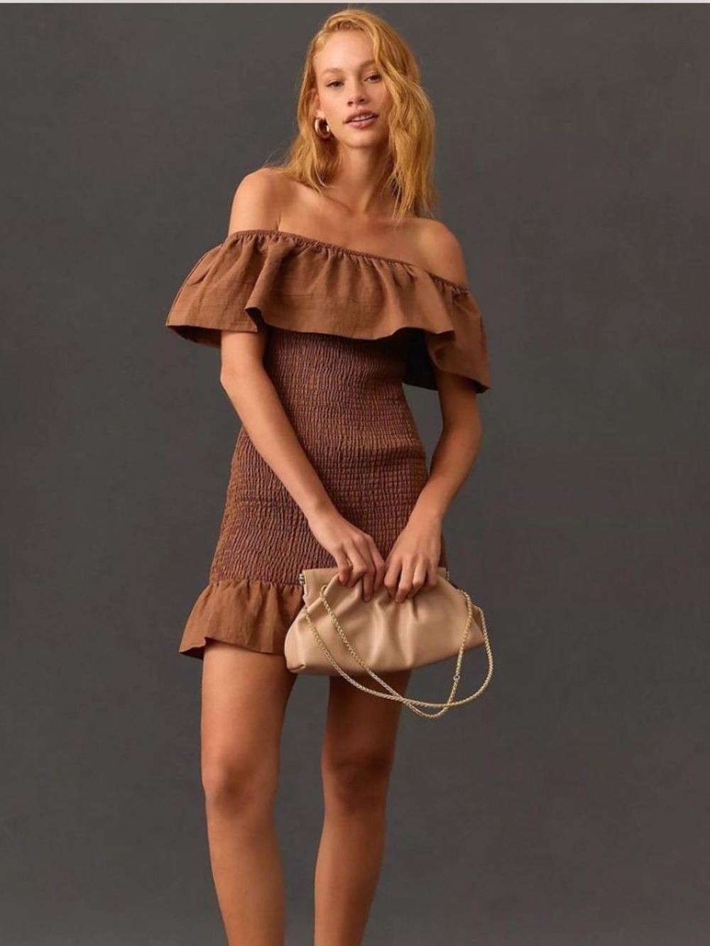 Anthropologie Brown Off The Shoulder Smocked Mini Dress